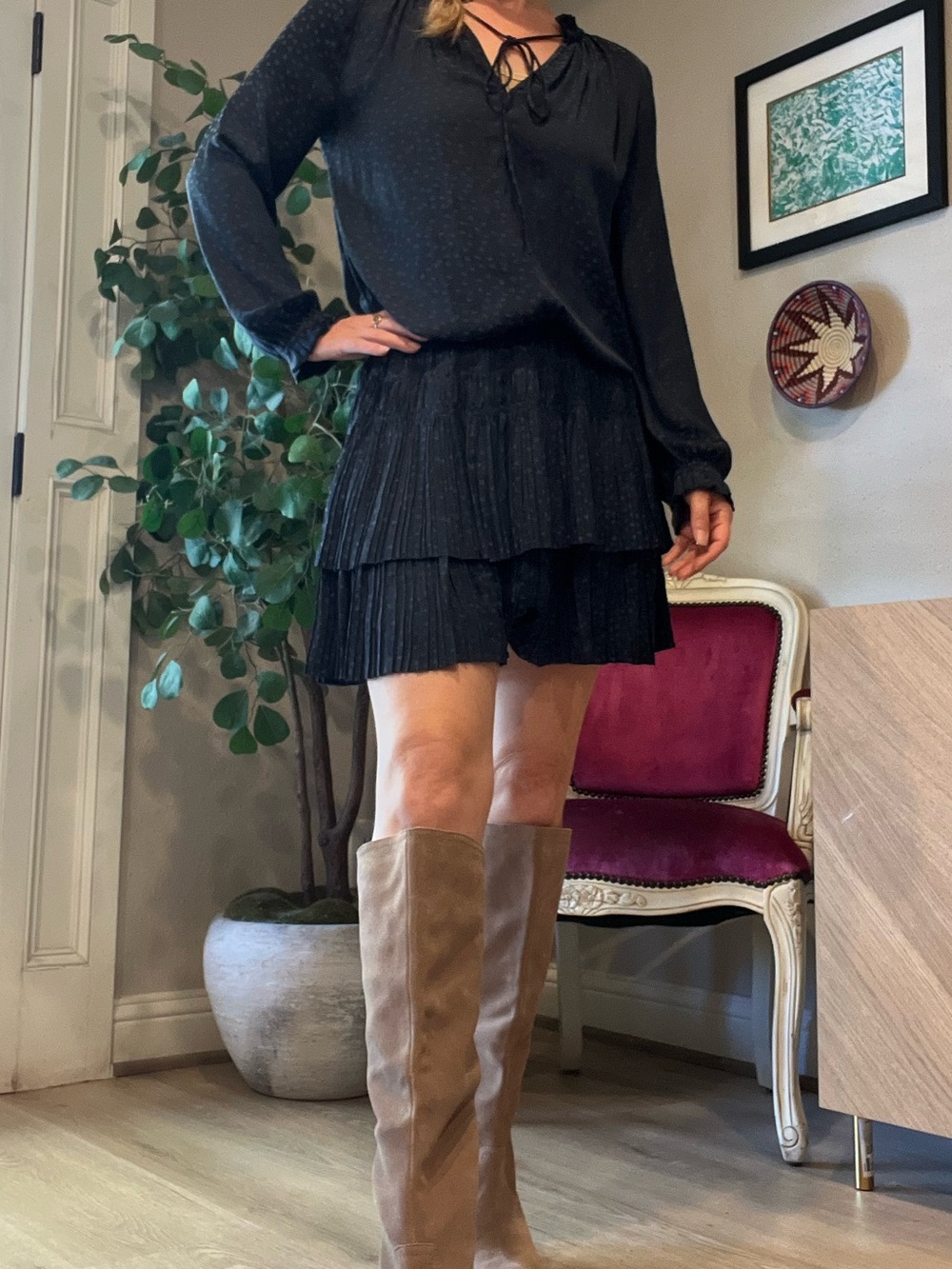 Current Air Navy star print Long Sleeve Tiered Mini Dress size xs